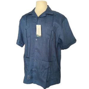 CUBAVERA Blue Linen Beach Pleated Button Down Shirt Men's size Large New‎